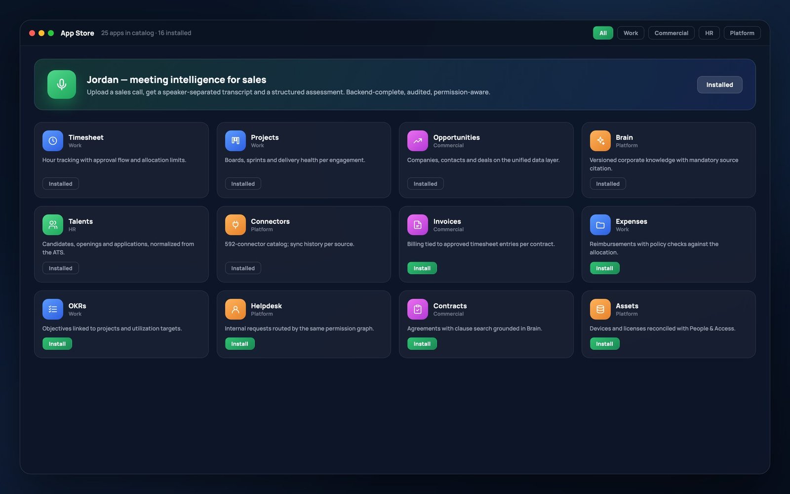 The LubyOS app store, with category filters and a card per application showing whether it is already installed for the client.