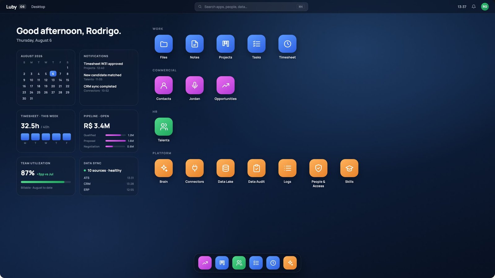 The LubyOS desktop: a top bar with global search, a grid of applications grouped into Work, Commercial, HR and Platform, widgets for calendar, notifications, timesheet, pipeline, utilization and data sync, and the dock at the bottom.