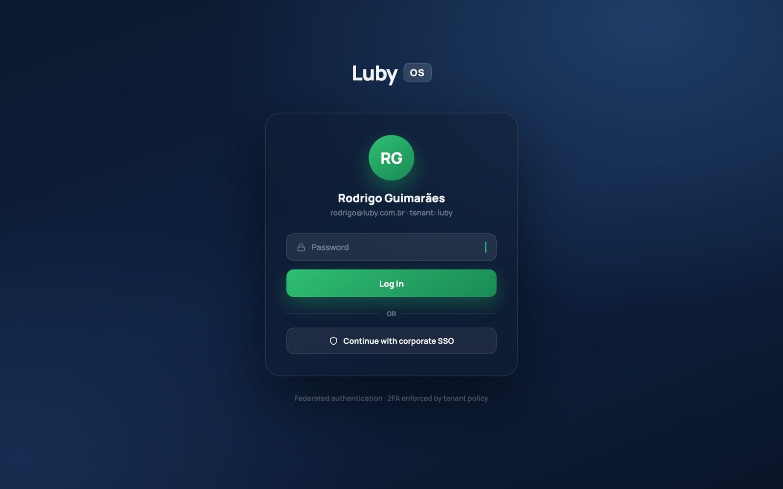 The LubyOS sign-in screen, offering corporate SSO and stating that the second factor is enforced by the client's own policy.