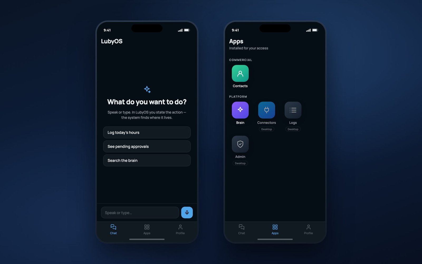 LubyOS Mobile on two devices: on the left the chat, with suggested actions and the speak-or-type field; on the right the application grid grouped by category, with a Desktop badge on those without a mobile version yet.