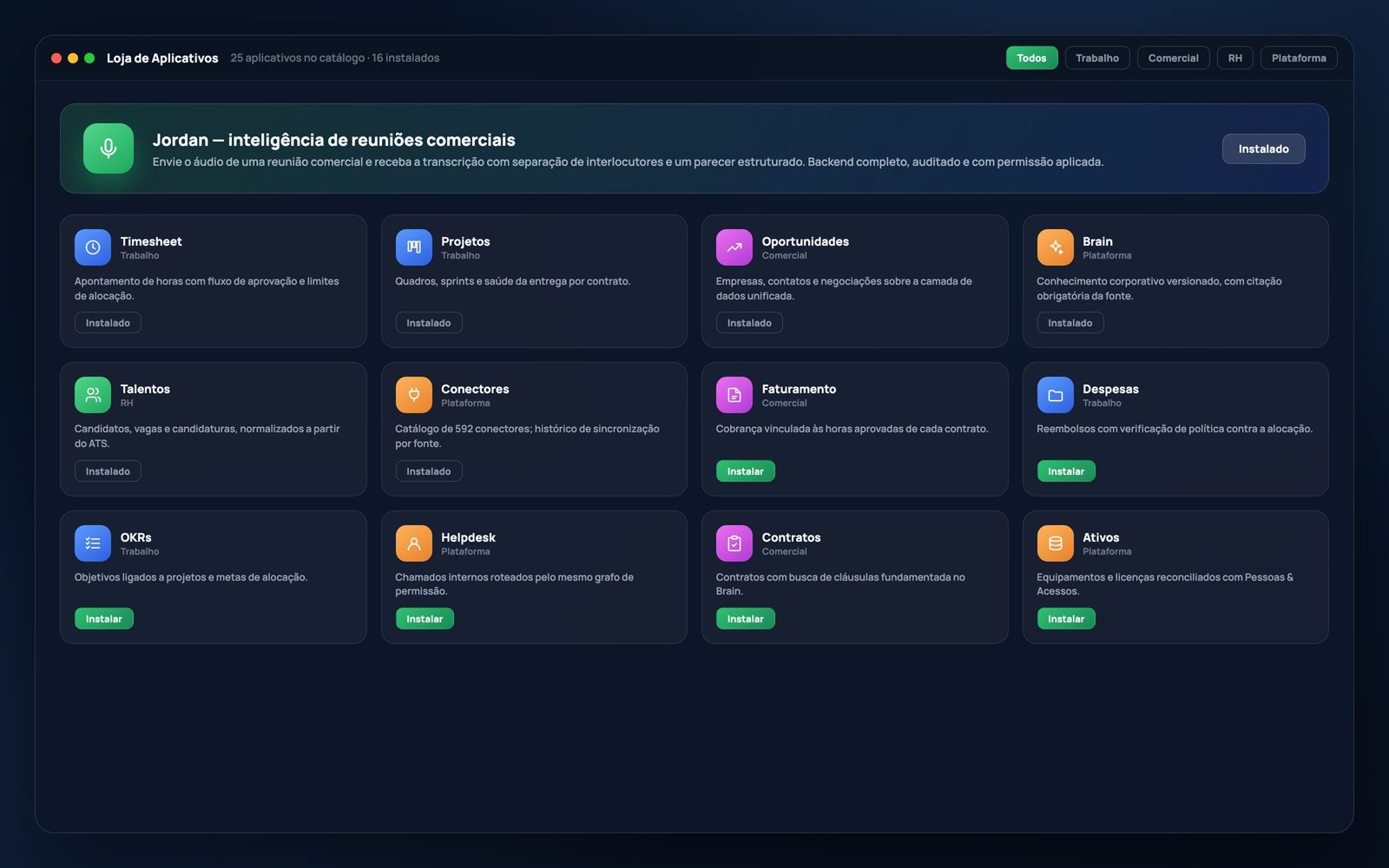 A loja de aplicativos do LubyOS, com filtros por categoria e cartões de cada aplicativo indicando se já está instalado no cliente.