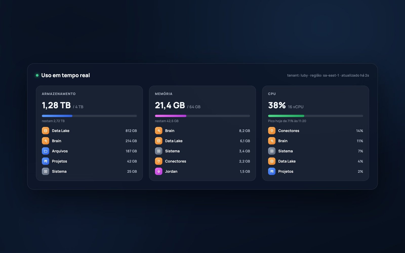 O painel de uso em tempo real do cliente, com armazenamento, memória e CPU, e o consumo atribuído a cada aplicativo.